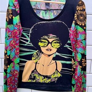 Rare Custo Barcelona Black Long-Sleeve Top with Multicolor Patterned Sleeves